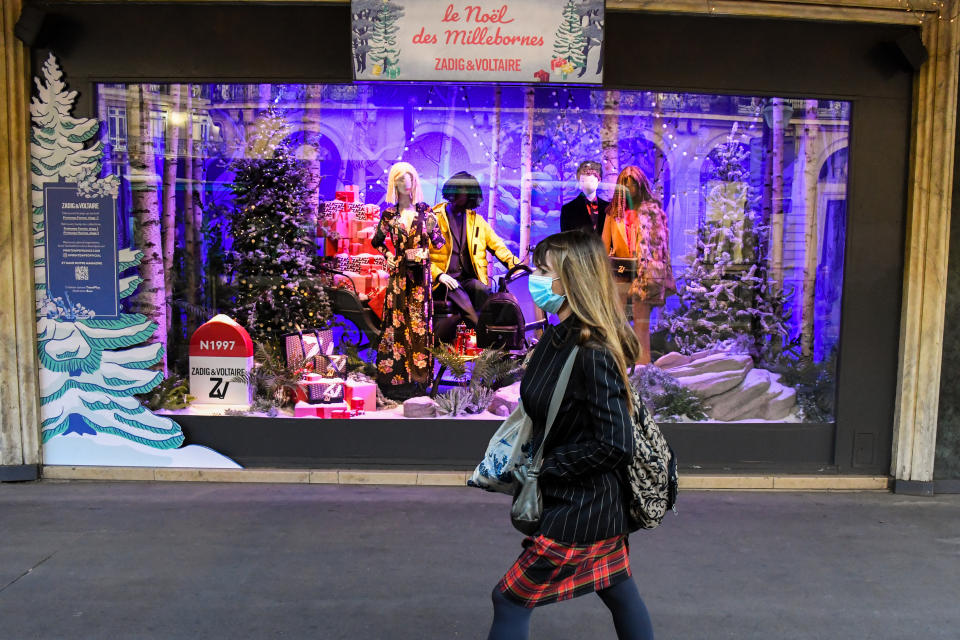 Christmas window displays in Paris, France on Nov. 18, 2020 as shoppers are warned to shop while practicing social distancing during the Covid-19 pandemic. (Photo by Lionel Urman/Sipa USA)