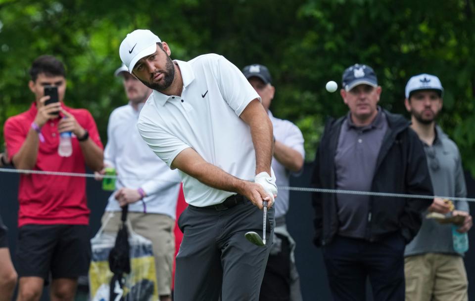 No. 1-ranked Scottie Scheffler practices at the 2024 PGA Championship Wednesday at Valhalla Golf Course in Louisville, Kentucky. May 15, 2024.