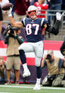 <p>New England Patriots’ Rob Gronkowski celebrates after scoring a first quarter touchdown. The New England Patriots host the Houston Texans in their NFL season-opening game at Gillette Stadium in Foxborough, MA on Sep. 9, 2018. (Photo by Jim Davis/The Boston Globe via Getty Images) </p>