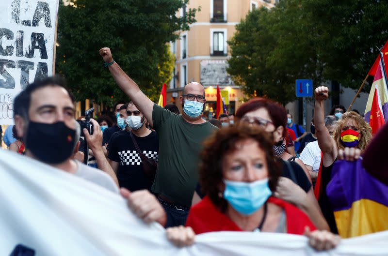 Protesters march against Spain's monarchy for the first time since former Spanish King Juan Carlos left the country amid an investigation into his involvement in a high-speed rail contract in Saudi Arabia, in Madrid