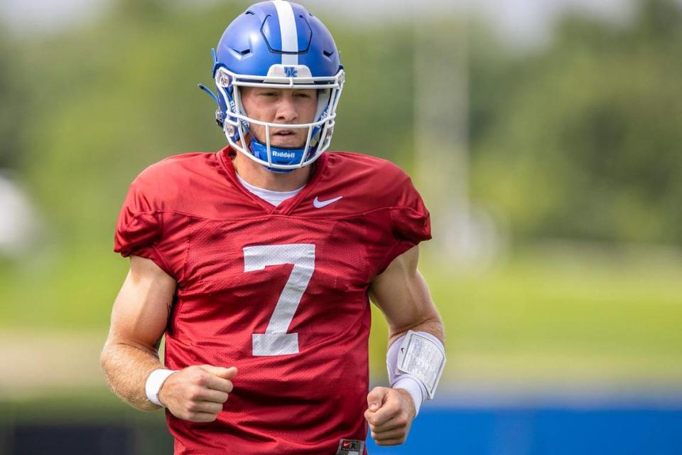 UK quarterback Will Levis participates in practice during the team’s fan day and open practice at the Joe Craft Football Training Center practice fields on Aug. 6.