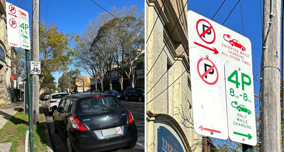 At first glance, the sign appears to be a regular four-hour parking window, but on closer inspection the spaces are for electric vehicles only. Source: X