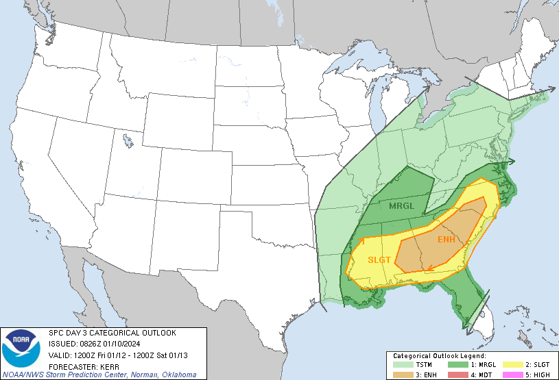 Severe thunderstorms, with potential to produce high winds and a few strong tornadoes, are possible across parts of the Southeast Friday  through Friday evening.