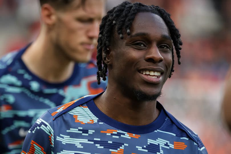 Jeremie Frimpong warms up during the UEFA EURO 2024 quarter-final match between Netherlands and Turkey.