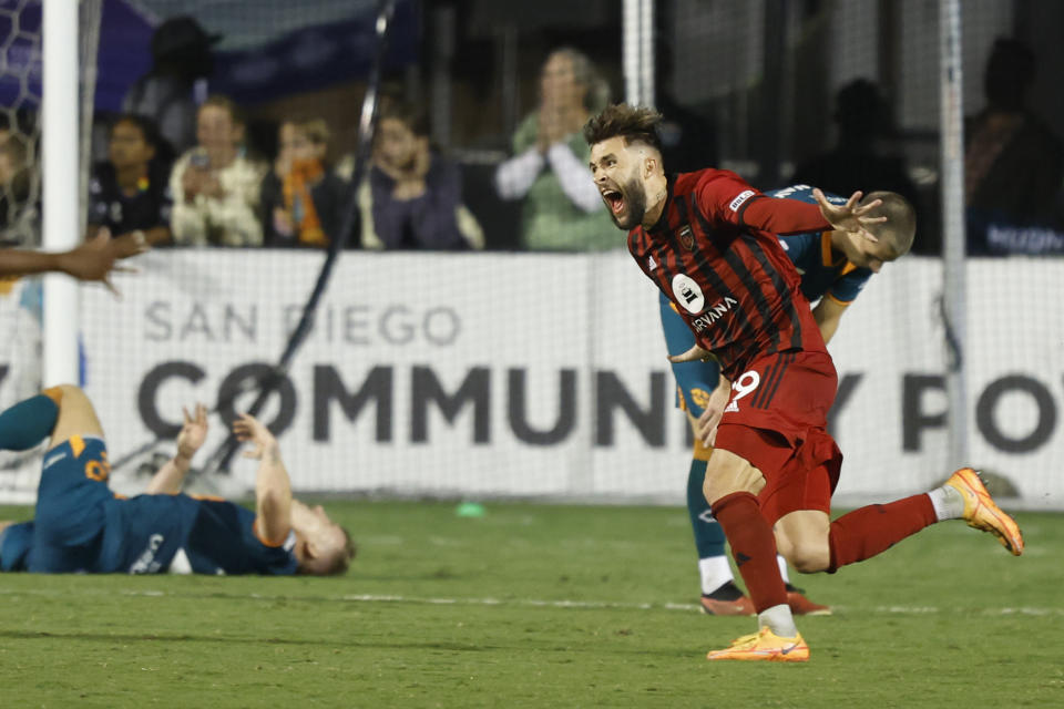 Dariusz Formella of Phoenix Rising FC celebrates after making the winning goal against San Diego Loyal SC during a USL soccer match on Sunday, Oct. 22, 2023 in San Diego. (K.C. Alfred /The San Diego Union-Tribune via AP)