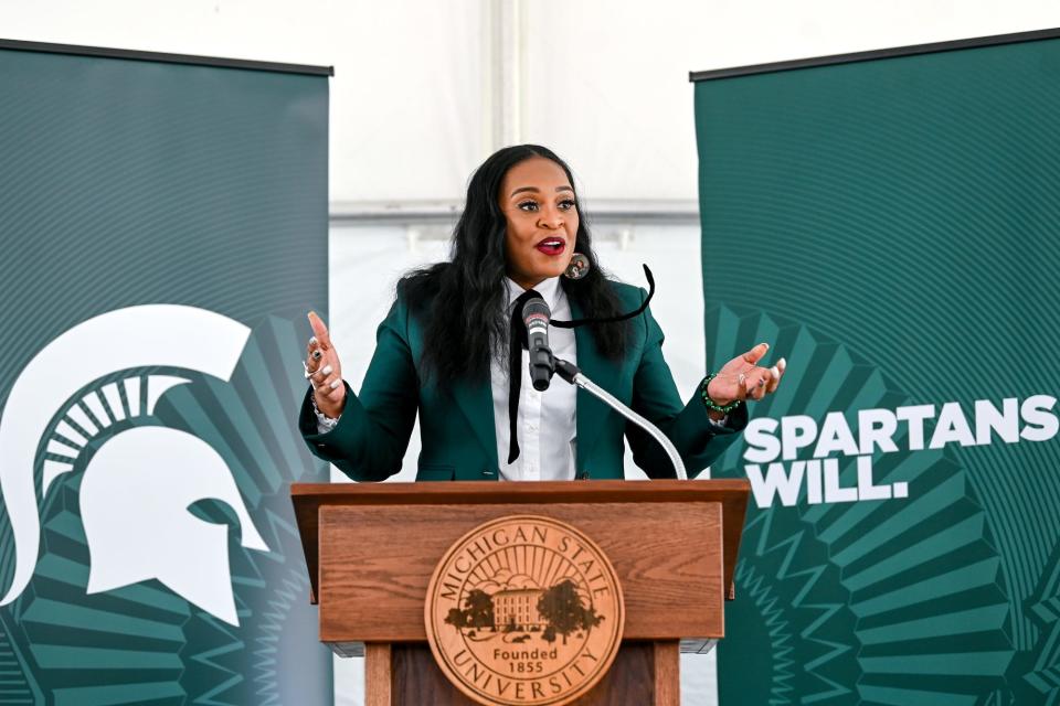 Michigan State Univeristy Board of Trustees Chairperson Rema Vassar speaks during a groundbreaking ceremony for the MSU Multicultural Unity Center on Friday, April 21, 2023, on campus in East Lansing.