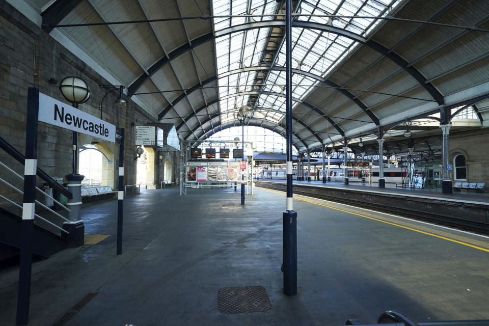 Empty platforms at Newcastle station, as train services continue to be disrupted following the nationwide strike by members of the Rail, Maritime and Transport union in a bitter dispute over pay, jobs and conditions, in Newcastle, England, Thursday, June 23, 2022. (Owen Humphreys/PA via AP)