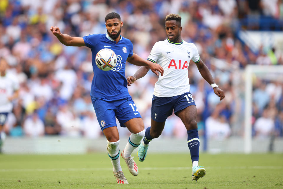 LONDON, ENGLAND - AUGUST 14: Ruben Loftus-Cheek of Chelsea in action with Ryan Sessegnon of Tottenham Hotspur during the Premier League match between Chelsea FC and Tottenham Hotspur at Stamford Bridge on August 14, 2022 in London, United Kingdom. (Photo by Marc Atkins/Getty Images)