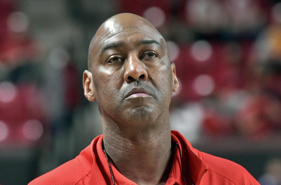 Maryland interim head coach Danny Manning looks on during the first half of an NCAA college basketball game against Northwestern in College Park, Md., Sunday, Dec. 5, 2021. (Amy Davis/The Baltimore Sun via AP)