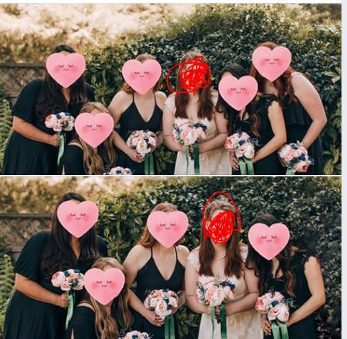 A bride has explained why she Photoshopped one of her bridesmaids (far right in top picture, face obscured) out of her wedding photos. Photo: Facebook