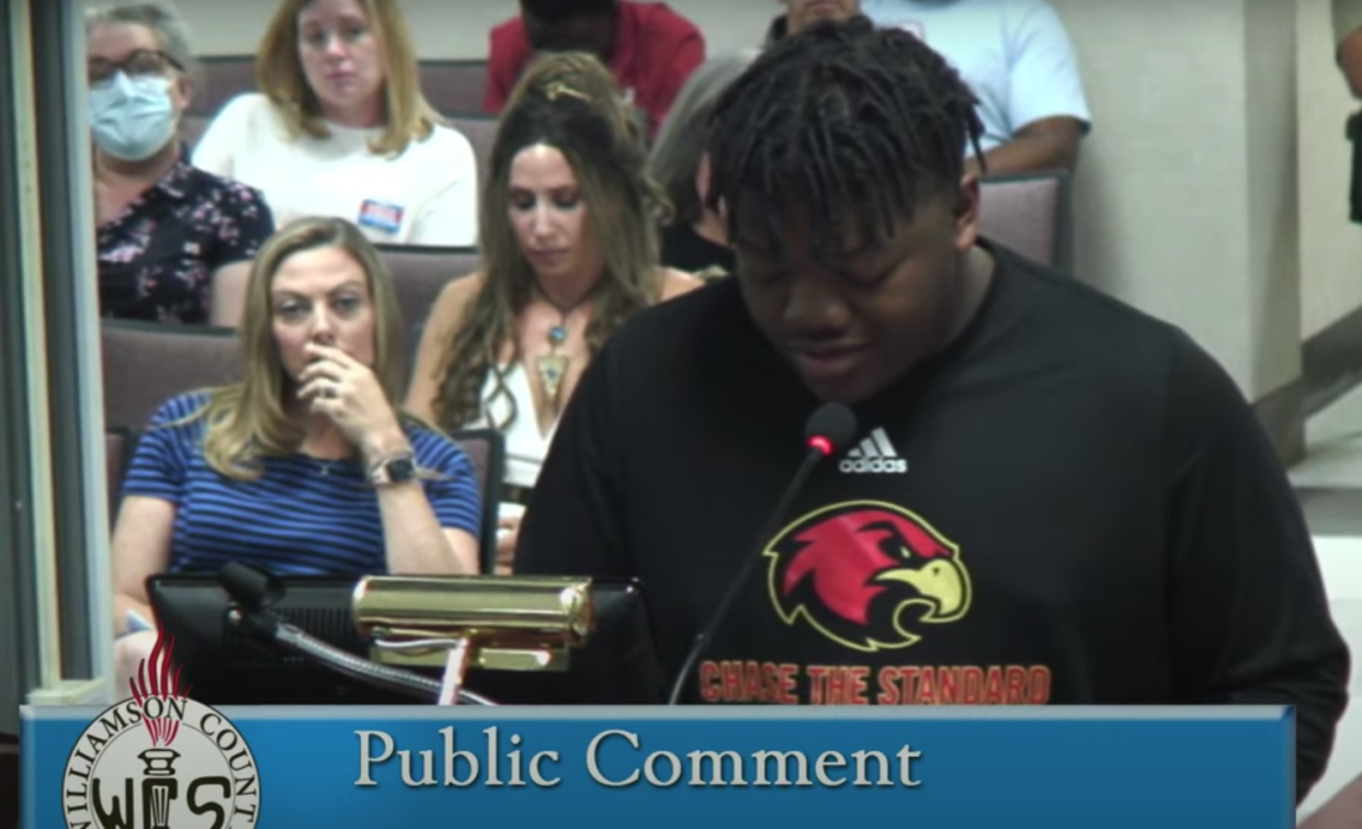 Ravenwood High School senior Jadon Moore addresses the board regarding a racist incident he experienced at Ravenwood High School earlier this month.
