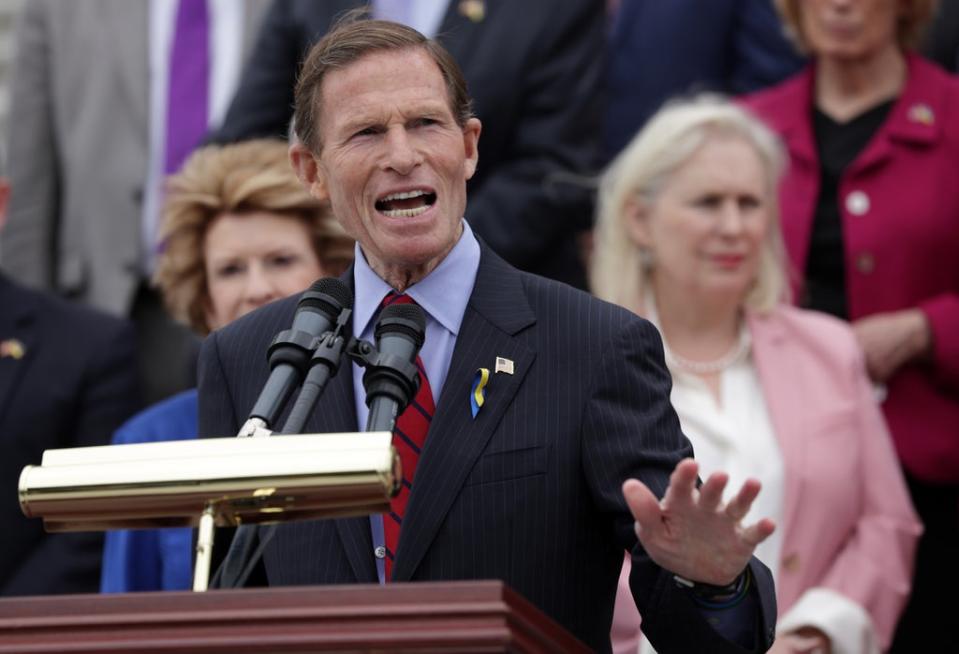 Sen. Richard Blumenthal (D-CT) speaks during an event on the leaked Supreme Court draft decision to overturn Roe v. Wade on the steps of the U.S. Capitol May 3, 2022 (Getty Images)