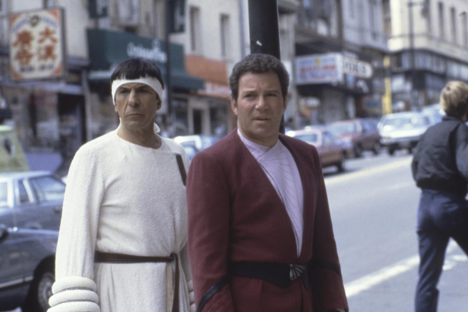 Canadian actor William Shatner with actor and director Leonard Nimoy on the set of his movie Star Trek IV: The Voyage Home. (Photo by Paramount Pictures/Sunset Boulevard/Corbis via Getty Images)