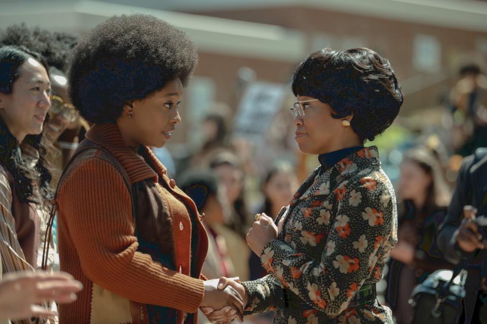 From left, Christina Jackson as Barbara Lee and Regina King as Shirley Chisholm in a scene from "Shirley."