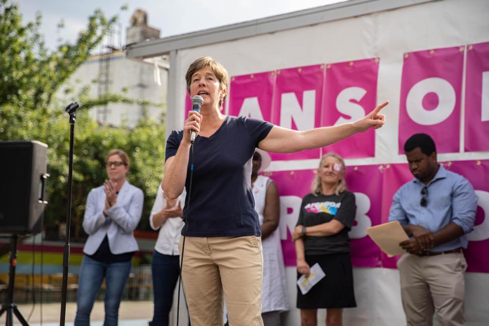 State Sen. Julie Mayfield talks at the June 24 rally. People gathered at Rabbit Rabbit and Pack Square Park and marched around Asheville in reaction to the recent Supreme Court ruling regarding the overturning of Roe v. Wade.