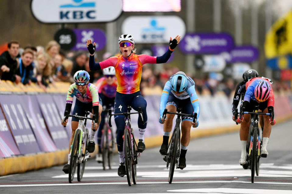 OUDENAARDE BELGIUM  APRIL 02 LR Katarzyna Niewiadoma of Poland and Team CanyonSRAM Racing Demi Vollering of The Netherlands and Team SD Worx celebration Elisa Longo Borghini of Italy and Team TrekSegafredo and Silvia Persico of Italy and UAE Team ADQ sprint at finish line during the 20th Ronde van Vlaanderen  Tour des Flandres 2023 Womens Elite a 1566km one day race from Oudenaarde to Oudenaarde  UCIWWT  on April 02 2023 in Oudenaarde Belgium Photo by Tim de WaeleGetty Images