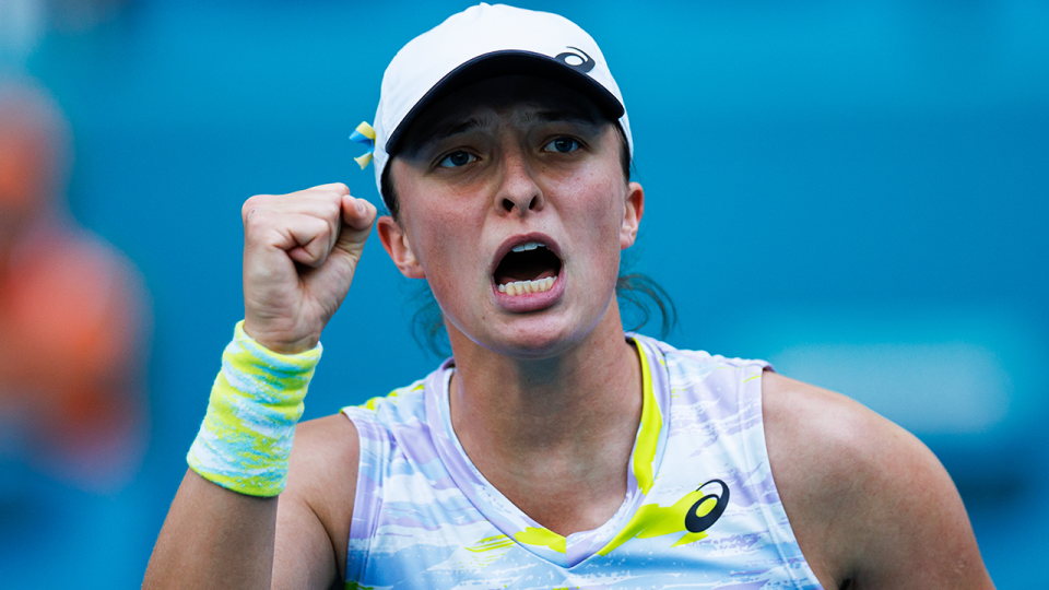 Polish tennis player Iga Swiatek (pictured) cheers after winning her Miami Open match.