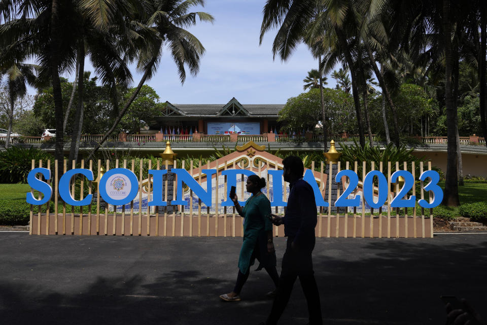 Security personnel check the main venue of the Shanghai Cooperation Organization (SCO) council of foreign ministers' meeting, in Goa, India, Thursday, May 4, 2023. India's foreign minister is expected to hold bilateral talks with counterparts from China and Russia on Thursday ahead of a Central Asian security forum meeting. Foreign ministers of the Shanghai Cooperation Organization began arriving in host India's tourist hotspot Goa, where they are expected to discuss deepening economic and security cooperation in the region on Friday. (AP Photo/Manish Swarup)