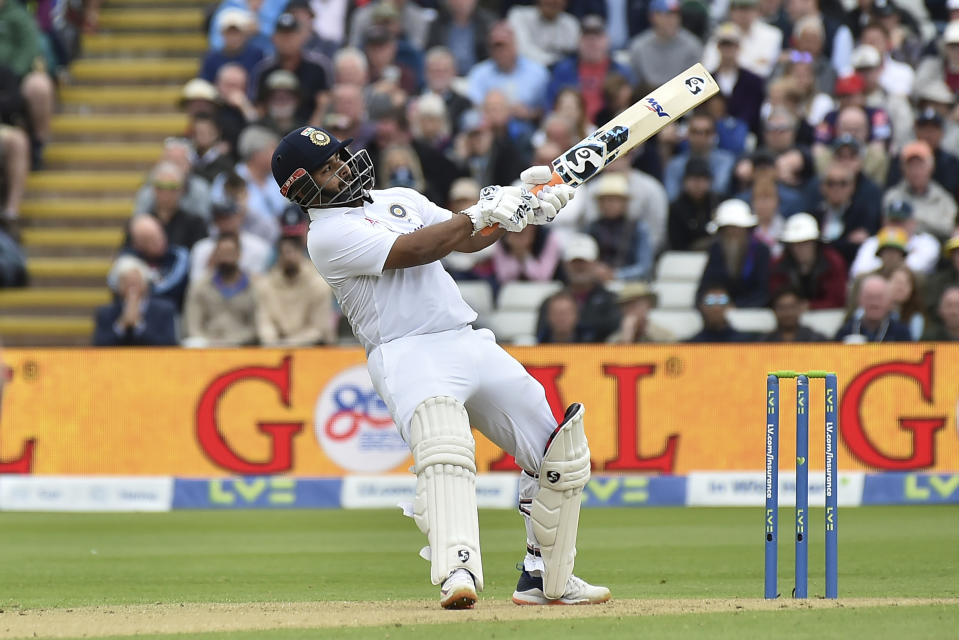 India's Rishabh Pant plays a shot during the first day of the fifth cricket test match between England and India at Edgbaston in Birmingham, England, Friday, July 1, 2022. (AP Photo/Rui Vieira)