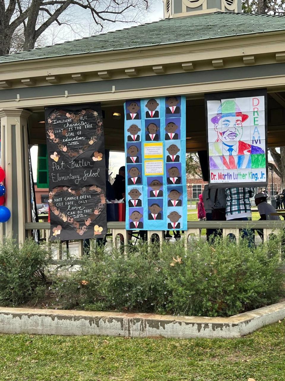 Art created by Paso Robles schoolchildren hangs in the gazebo at Downtown City Park on Martin Luther King Jr. Day on Jan. 17, 2022.