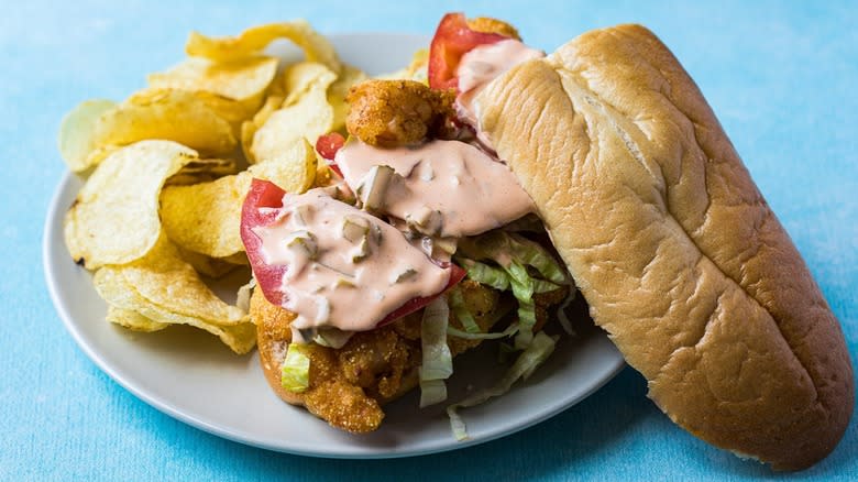 Shrimp po boys and sauce on plate 