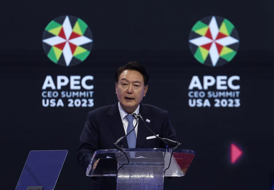 Korean President Yoon Suk Yeol speaks during the APEC CEO Summit at Moscone West on November 15, 2023. (Photo by Justin Sullivan/Getty Images)