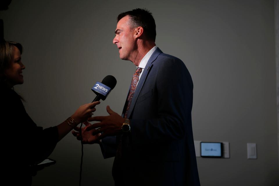 Gov. Kevin Stitt is interviewed during an election watch party inside the First National Center in Oklahoma City, Tuesday, June 28, 2022.