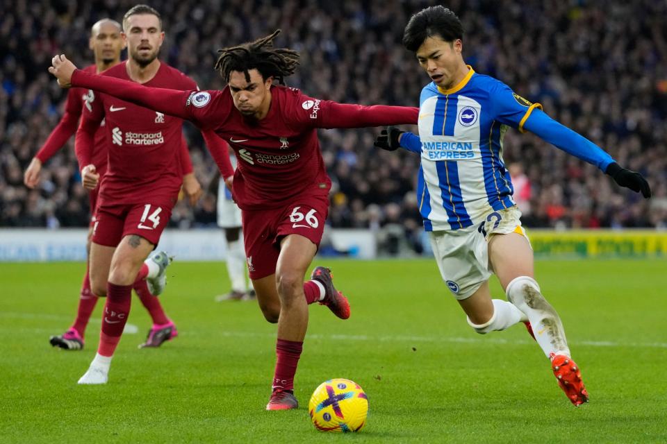 Brighton's Kaoru Mitoma, right, is challenged by Liverpool's Trent Alexander-Arnold - Brighton’s Kaoru Mitoma studied dribbling – but not for the reason you think - AP/Frank Augstein