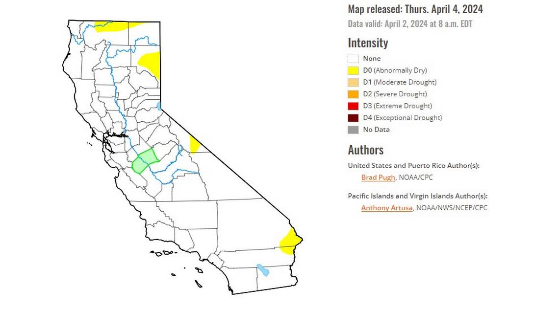 California’s drought status as of April 2, 2024, according to the U.S. Drought Monitor.