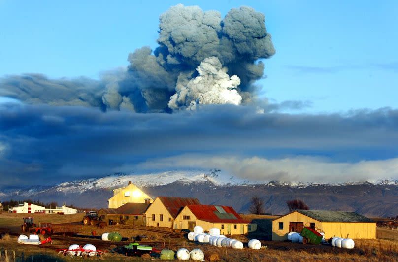 FILE - In this April 16, 2010 file photo, the volcano in southern Iceland's Eyjafjallajokull glacier sends ash into the air just prior to sunset.