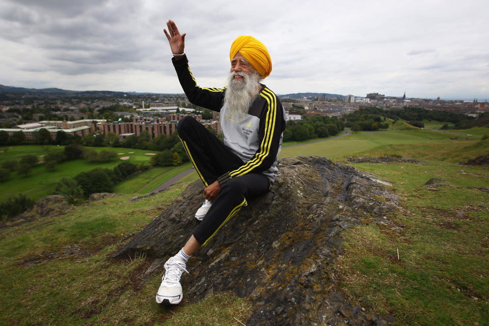 EDINBURGH, SCOTLAND - SEPTEMBER 01: Centenarian Sikh runner Fauja Singh poses for pictures after being the first person to officially enter for next year's Edinburgh Marathon on September 1, 2011 in Edinburgh, Scotland. A world record holder, aged 100, Fajua Singh has run seven marathons, all after his 89th birthday. He officially opened the entry process by signing up for his last ever 26 mile event in Edinburgh. (Photo by Jeff J Mitchell/Getty Images)