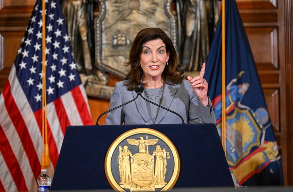 New York Gov. Kathy Hochul speaks to reporters about legislation in the Red Room at the state Capitol in Albany, N.Y.