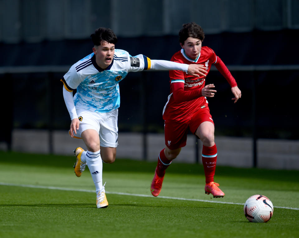 Harry Birtwistle (left) in action for Wolverhampton Wanderers U-18s during a U-18 Premier League match against Liverpool U-18s.