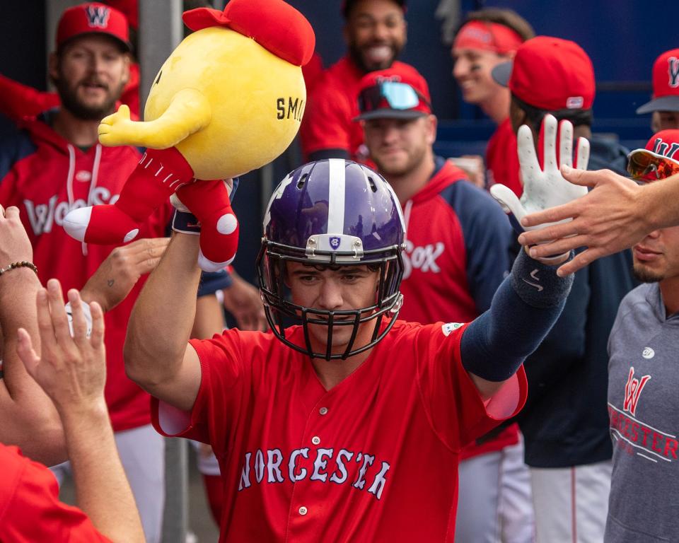 Bobby Dalbec celebrates a home run Worcester style after crushing one to center field against the Lehigh Valley Iron Pigs at Polar Park Tuesday, May 16, 2023.