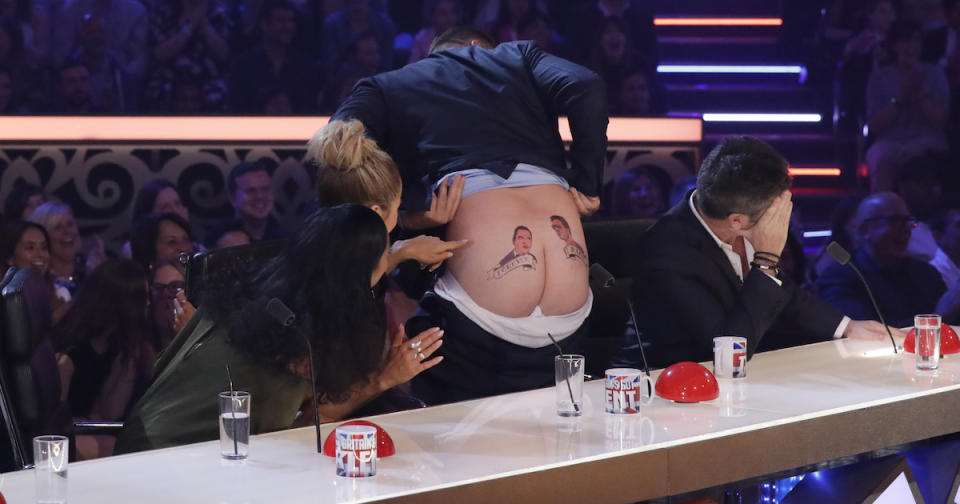 David dropped his trousers, but Simon refused to look at his peachy posterior (Photo: Syco / Thames / Dymond)