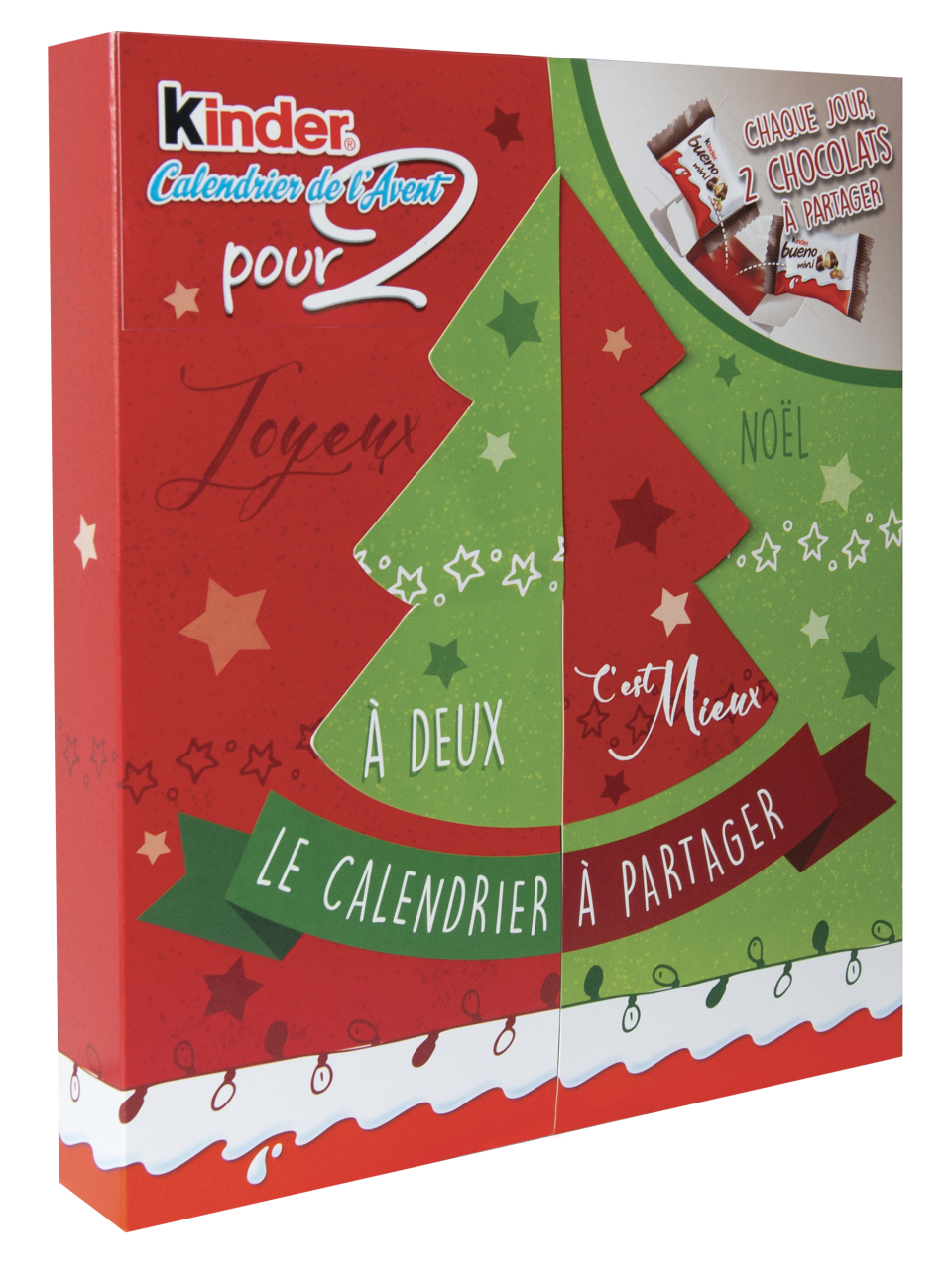 C’est un classique, le calendrier Kinder est celui que vont forcément vous réclamer vos enfants/petits frères et soeurs/neveux et nièces. Mais qui a dit que le décompte jusqu’à Noël était réservé aux plus petits ? Cette année, la marque propose une version Pour 2, avec non pas un mais deux chocolats dans chaque case. À partager avec sa moitié ou sa coloc’… Ou pas. <strong>Le petit plus : </strong>deux fois plus de gourmandise ! En vente en grandes surfaces, 13,99 €.