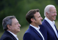 From left, Italy's Prime Minister Mario Draghi, French President Emmanuel Macron and U.S. President Joe Biden prior to the official G7 group photo at Castle Elmau in Kruen, near Garmisch-Partenkirchen, Germany, on Sunday, June 26, 2022. The Group of Seven leading economic powers are meeting in Germany for their annual gathering Sunday through Tuesday. (AP Photo/Martin Meissner)