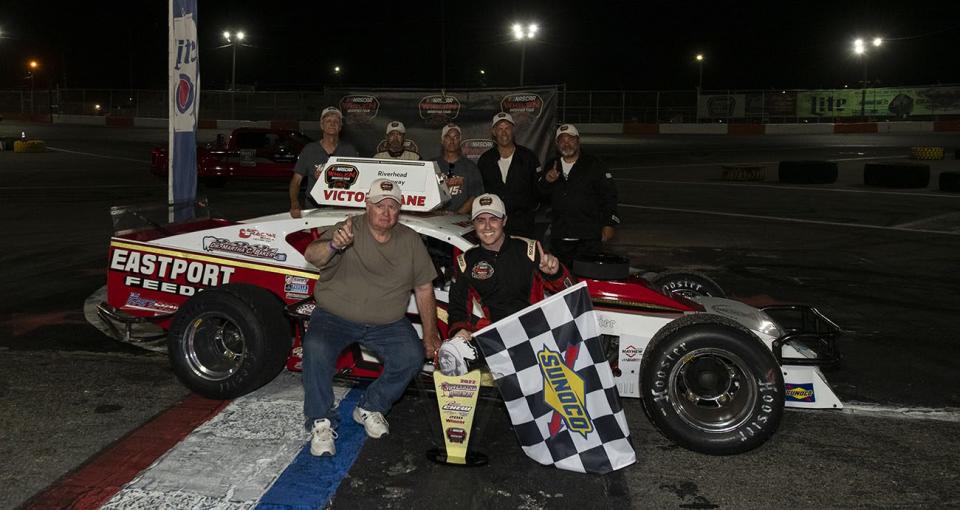 Kyle Soper, driver of the #15 Eastport Foods wins during the Buzz Chew Chevrolet Cadillac 200 for the Whelen Modified Tour at Riverhead Raceway on June 25, 2022 in Riverhead, New York. (Kostas Lymperopoulos/NASCAR)