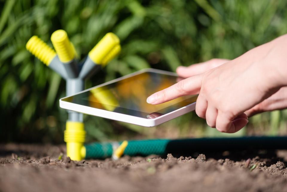 A gardener with a digital tablet using a smart garden app for electronic irrigation control.