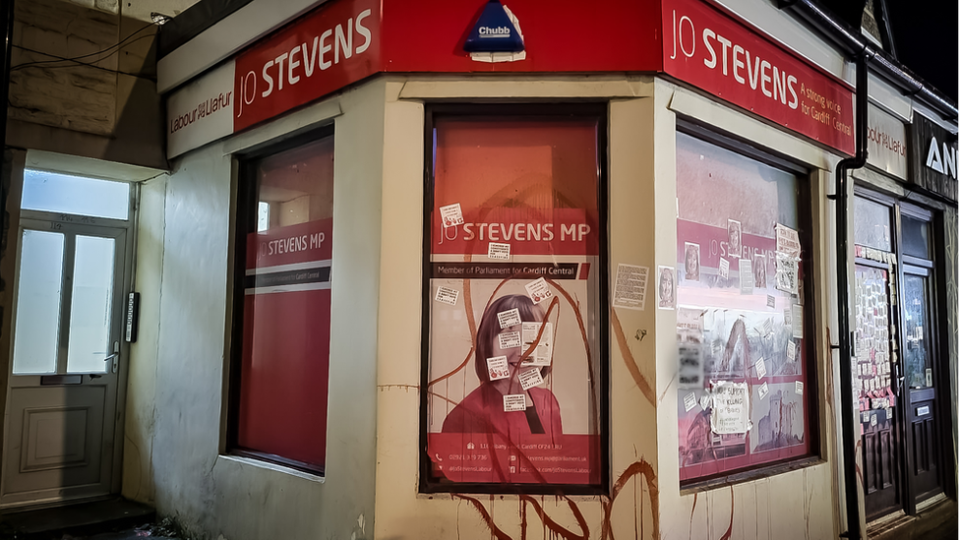 Constituency Jo Stevens office in Albany Road covered in red paint and banners