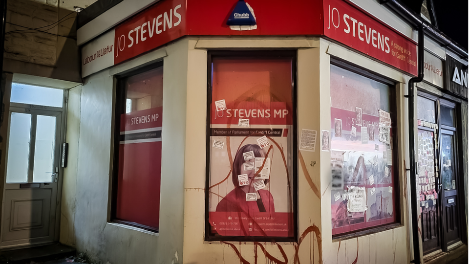 Jo Stevens constituency office on Albany Road covered in red paint and banners