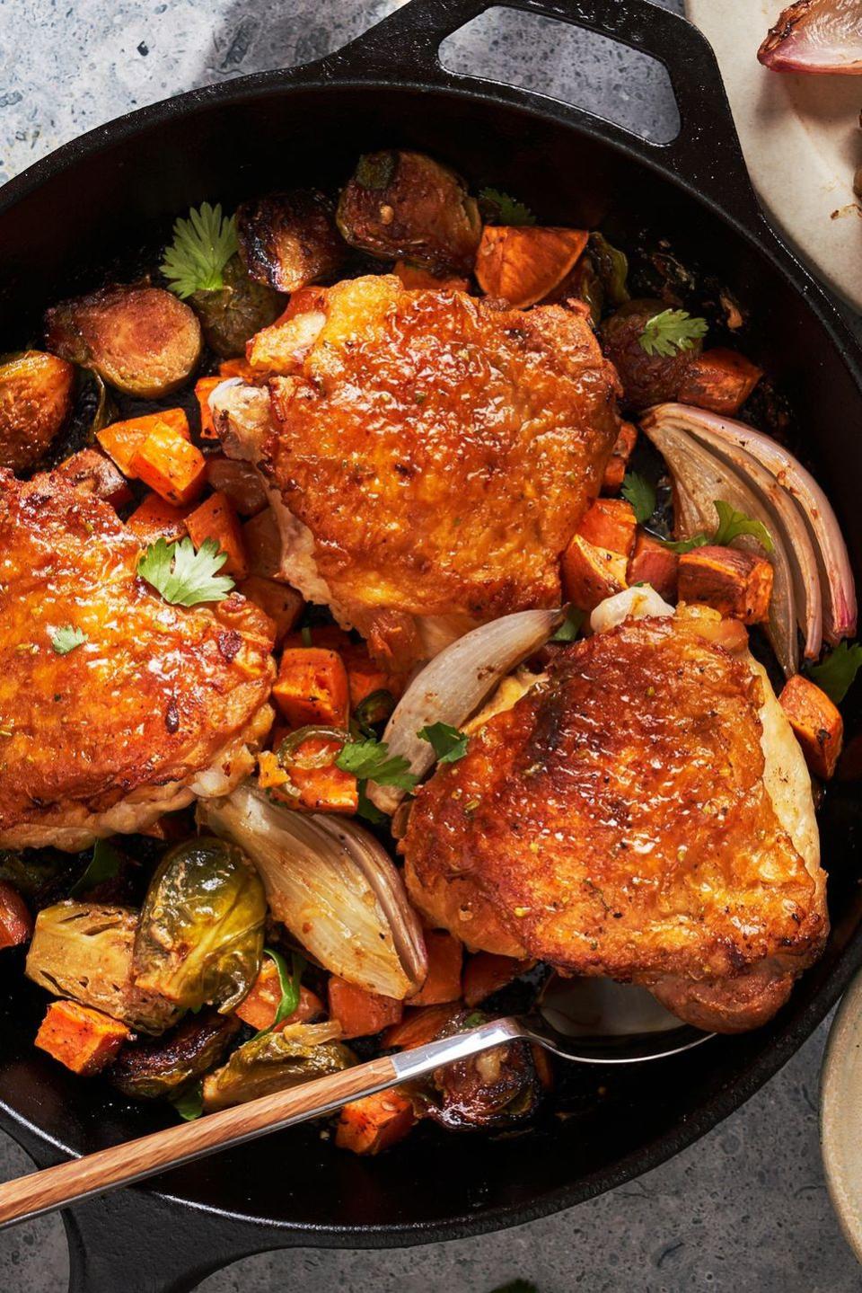 <p><a href="https://www.delish.com/cooking/g2133/chicken-thighs/" rel="nofollow noopener" target="_blank" data-ylk="slk:Chicken thighs;elm:context_link;itc:0;sec:content-canvas" class="link ">Chicken thighs</a> are certainly the juiciest and most flavorful part of the chicken, but they also take the longest to cook. Here we trim them and sear the skin before roasting to help speed up the cooking, meaning you can have this <a href="https://www.delish.com/cooking/menus/g1467/one-skillet-dinners/" rel="nofollow noopener" target="_blank" data-ylk="slk:one-skillet;elm:context_link;itc:0;sec:content-canvas" class="link ">one-skillet</a> meal on the dinner table in no time.<br><br>Get the <strong><a href="https://www.delish.com/cooking/recipe-ideas/a38285301/honey-mustard-chicken-recipe/" rel="nofollow noopener" target="_blank" data-ylk="slk:Honey Mustard Chicken recipe;elm:context_link;itc:0;sec:content-canvas" class="link ">Honey Mustard Chicken recipe</a></strong>.</p>