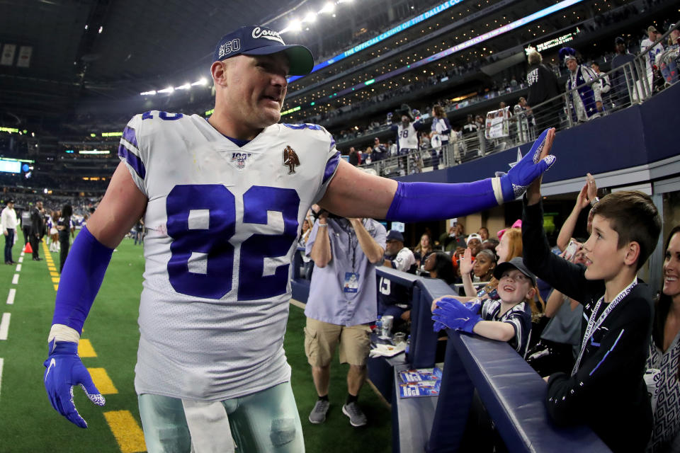 ARLINGTON, TEXAS - DECEMBER 29: Jason Witten #82 of the Dallas Cowboys celebrates with fans after beating the Washington Redskins 47-16 in the game at AT&T Stadium on December 29, 2019 in Arlington, Texas. (Photo by Tom Pennington/Getty Images)
