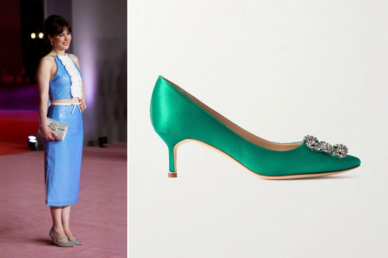 Zooey Deschanel and a pair of Manolo Blahnik heels in a diptych.