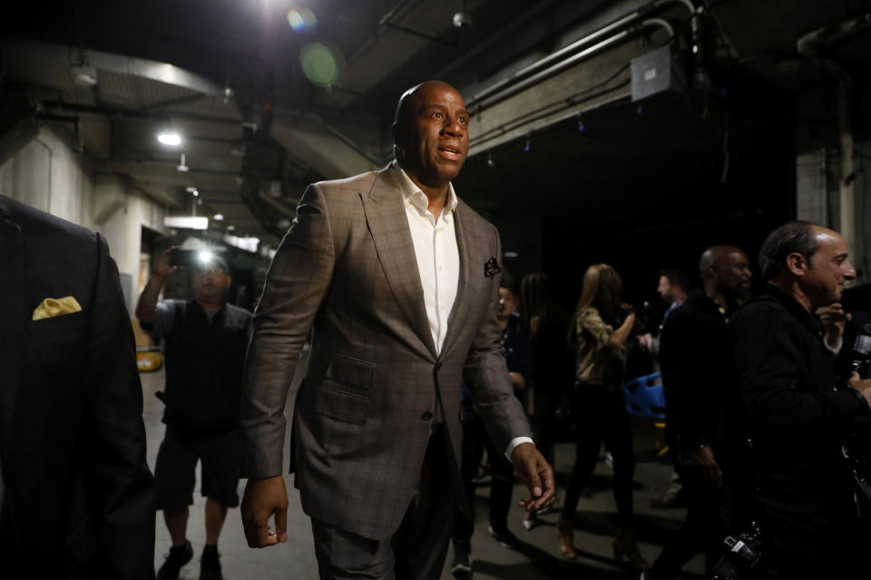 LOS ANGELES, CA - APRIL 9: Earvin Magic Johnson steps down as Lakers president of basketball operations on April 9, 2019 at the Staples Center in Los Angeles, California. (Photo by Gary Coronado/Los Angeles Times via Getty Images)
