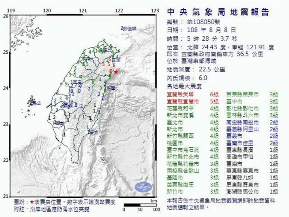 ▲8日上午5點28分宜蘭縣政府南偏東方22.5公里處，發生芮氏規模6.0地震，最大震度宜蘭6級。（圖／中央災害應變中心提供, 2019.8.8）