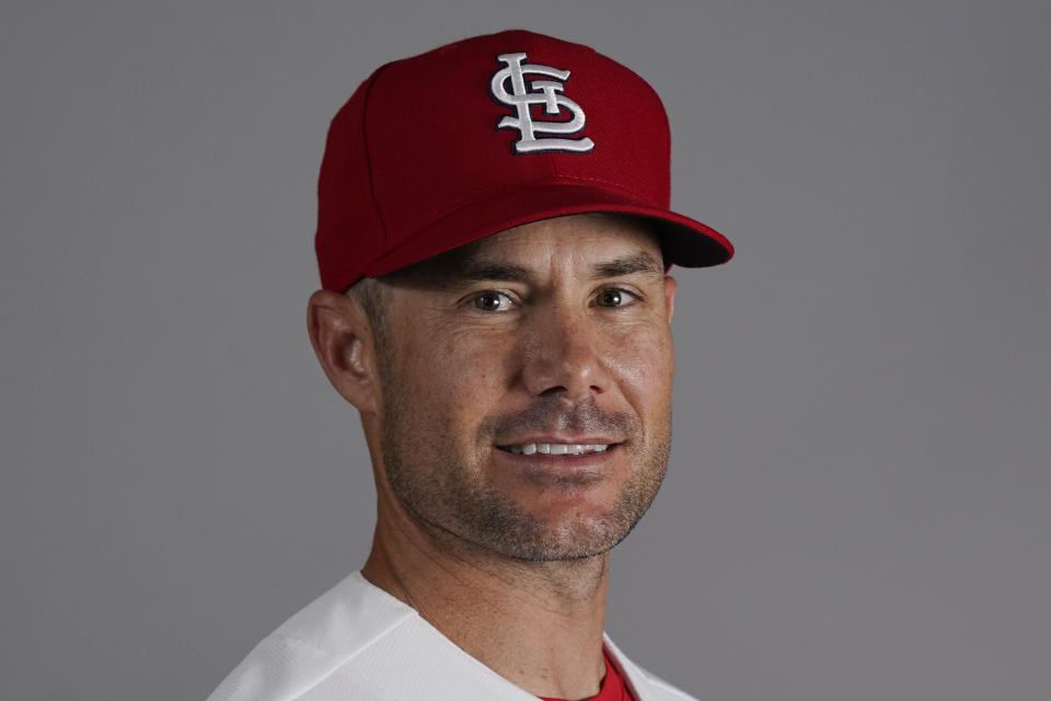 FILE - This is a 2022 photo of Skip Schumaker, bench coach of the St. Louis Cardinals baseball team. This image reflects the St. Louis Cardinals active roster on March 19, 2022, in Jupiter Fla., when this image was taken. Schumaker has been hired as manager of the Miami Marlins, a person with knowledge of the negotiations said on Tuesday, Oct. 25, 2022. The person spoke on condition of anonymity to The Associated Press because the team had yet to announce the deal. (AP Photo/Sue Ogrocki, File)