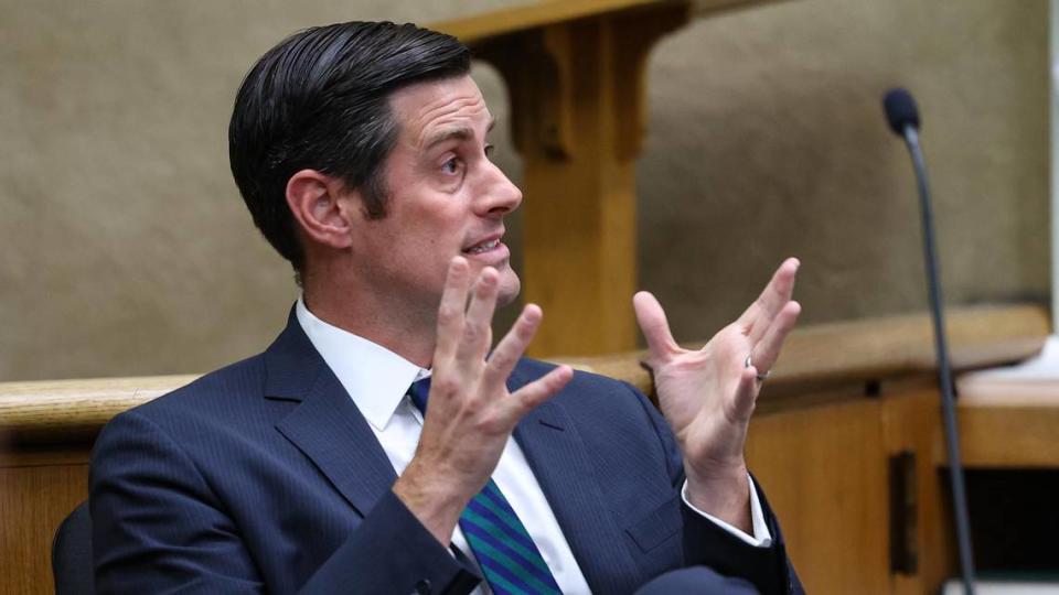 San Luis Obispo County Deputy District Attorney Chris Peuvrelle speaks to the court on April 20, 2022. Judge Craig van Rooyen announced that the Kristin Smart murder trial for Paul and Ruben Flores will be moved to Monterey County.