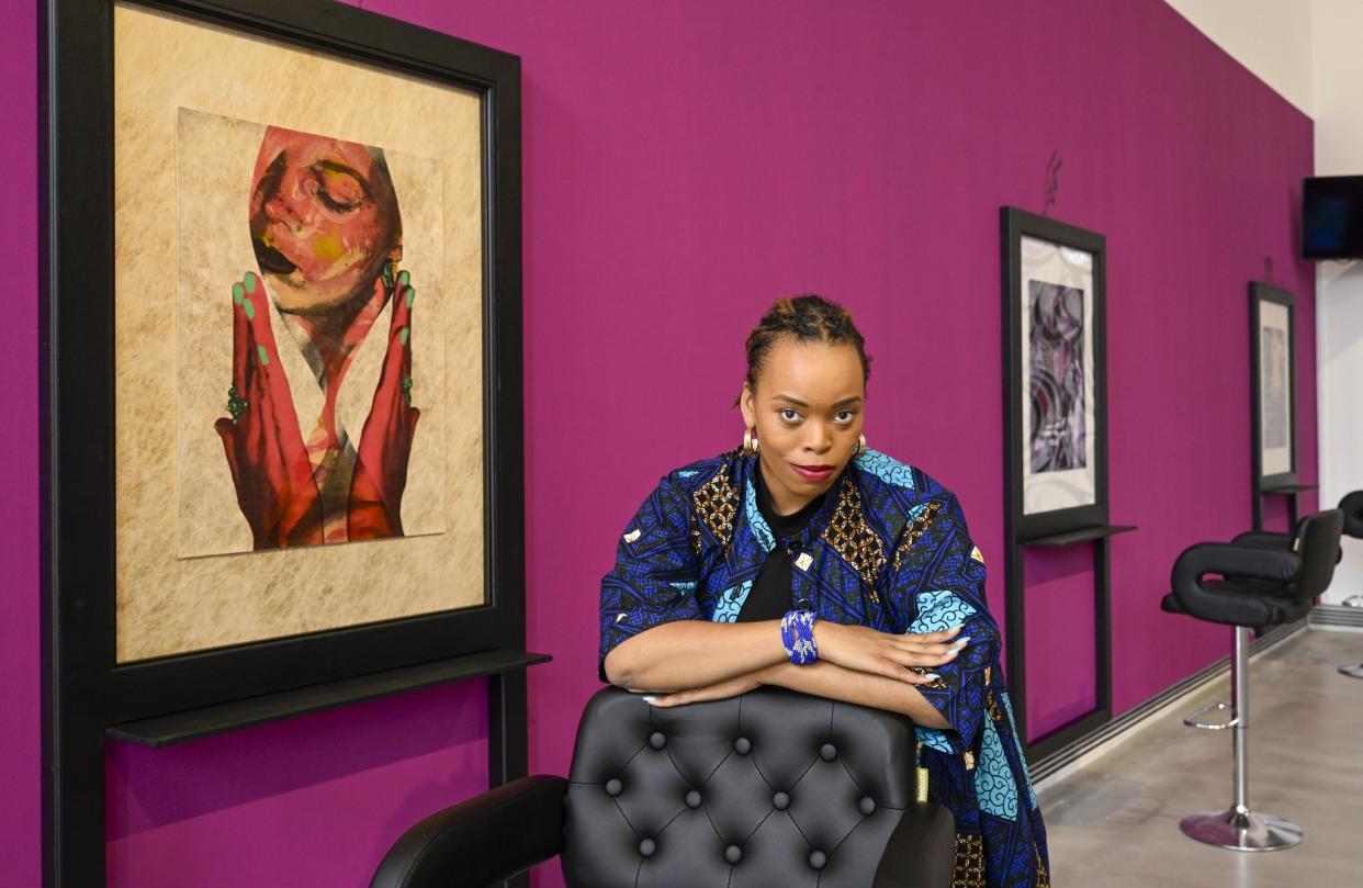 Christian Noelle Charles has set up her exhibition What a Feeling Act 1 as a beauty salon, replacing mirrors with her work (Neil Hanna/PA)