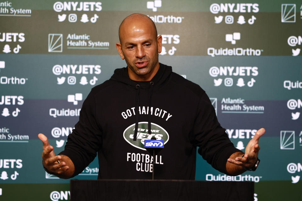 New York Jets head coach Robert Saleh talks to the media after the team's NFL football rookie minicamp, Friday, May 5, 2023, in Florham Park, N.J. (AP Photo/Rich Schultz)